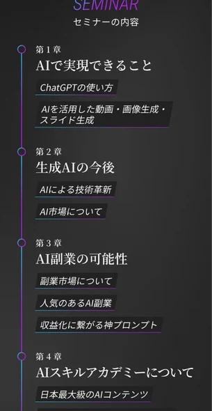 「AIで実現できること」「生成AIの今後」「AI副業の可能性」「AIスキルアカデミーについて」の4章で構成されたセミナー内容の一覧