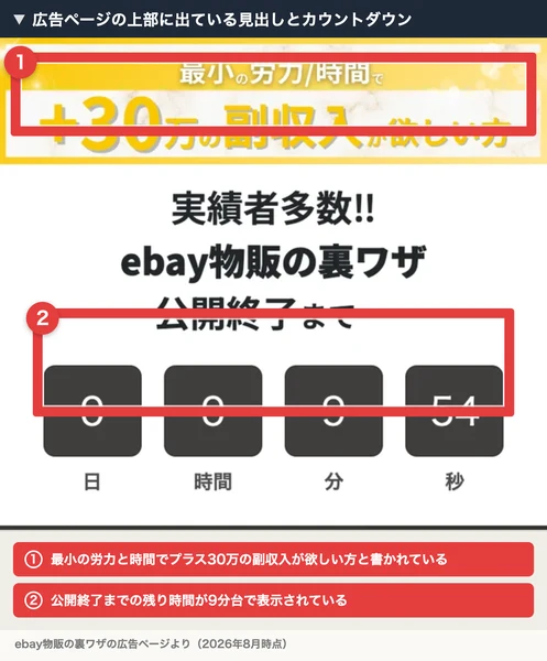 最小の労力と時間でプラス30万の副収入が欲しい方、実績者多数ebay物販の裏ワザ、公開終了までのカウントダウンが並ぶ広告ページ