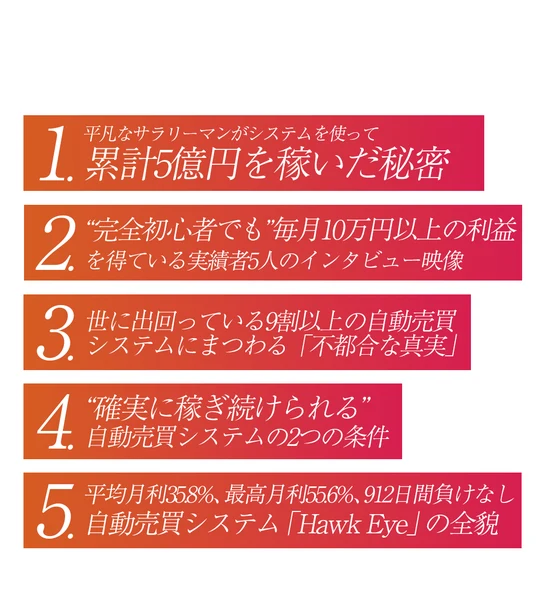 「1.平凡なサラリーマンがシステムを使って累計5億円を稼いだ秘密」から「5.平均月利35.8%、最高月利55.6%、912日間負けなし自動売買システムHawk Eyeの全貌」まで並んだセミナー内容の一覧