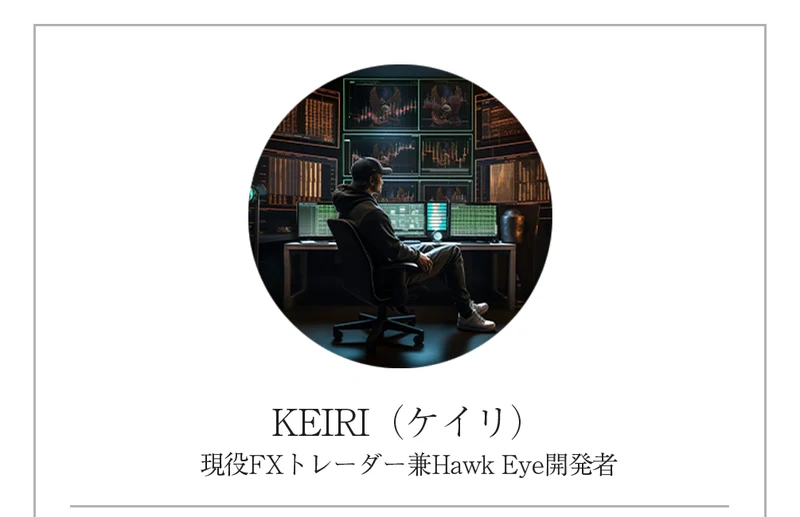 KEIRI（ケイリ）と名乗る人物のプロフィール欄。肩書きは現役FXトレーダーでHawk Eyeの開発者とある。写真は顔の写っていない後ろ姿のイラスト