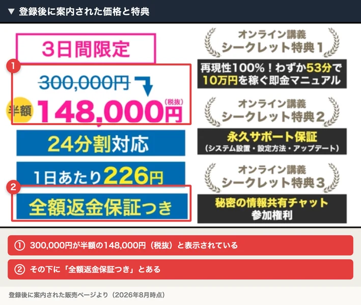 「3日間限定」「300,000円が半額の148,000円（税抜）」「24分割対応」「1日あたり226円」「全額返金保証つき」と書かれたホークアイの価格表示