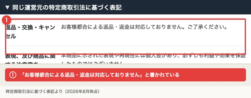 「返品・交換・キャンセル お客様都合による返品・返金は対応しておりません。ご了承ください。」と書かれたホークアイの特定商取引法に基づく表記