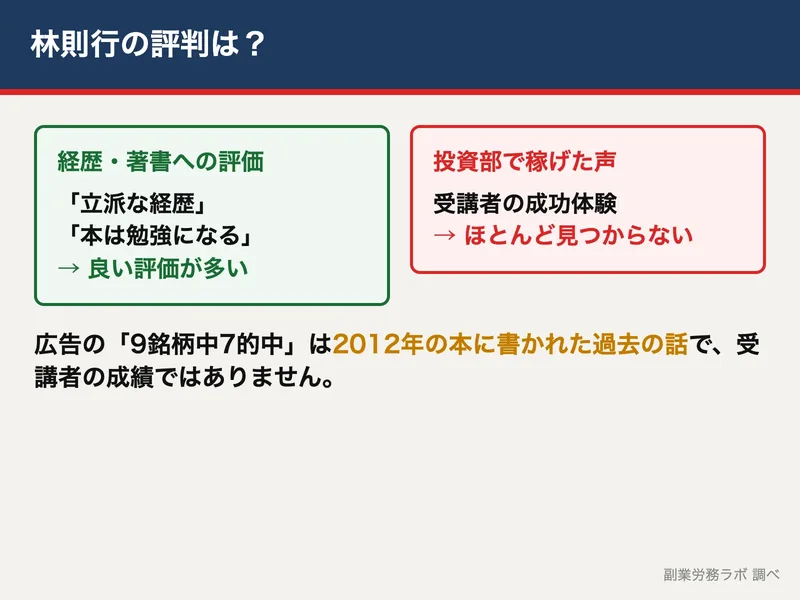 林則行の評判の図。経歴への良い評価は多い一方、投資部で稼げたという受講者の声は乏しいことを示した図
