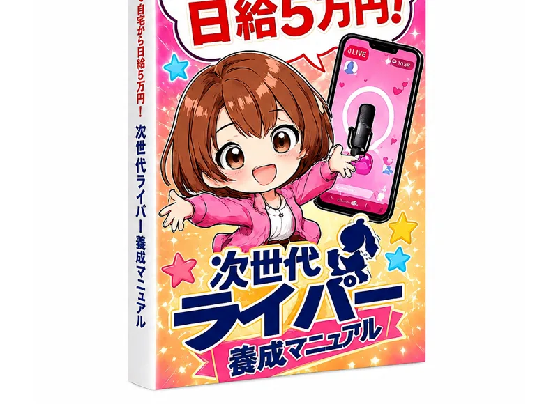 漫画のイラストで描かれた次世代ライバー養成マニュアルの商品パッケージ