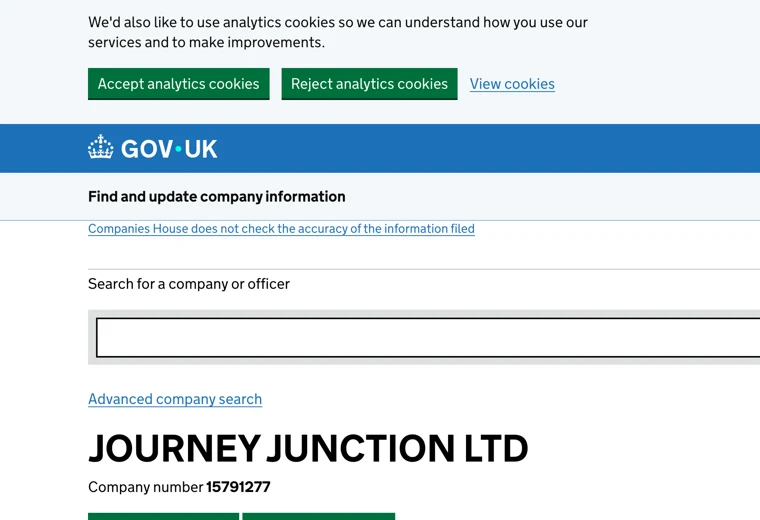 英国の会社情報サイトに表示されたJOURNEY JUNCTION LTDの登記情報。会社番号15791277と表示されている