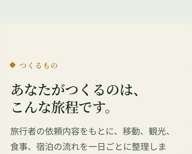 あなたがつくるのは、こんな旅程です。旅行者の依頼内容をもとに、移動、観光、食事、宿泊の流れを一日ごとに整理しますと書かれた募集ページ