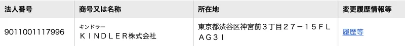 国税庁の法人番号公表サイトの検索結果。法人番号9011001117996、KINDLER株式会社、東京都渋谷区神宮前3丁目27-15 FLAG 3Iと表示されている