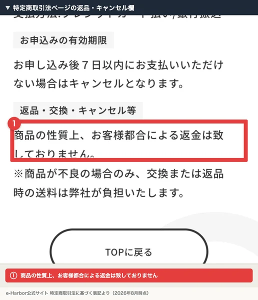 特定商取引法のページに「商品の性質上、お客様都合による返金は致しておりません」と書かれている