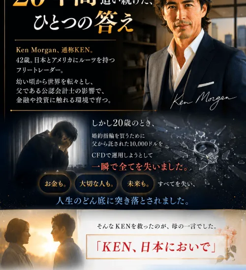 婚約指輪を買うために託された1万ドルをCFDで失ったというKen Morganの半生を描いた広告ページ