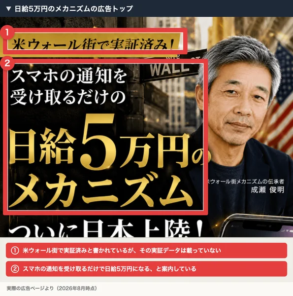 米ウォール街で実証済みと書かれた日給5万円のメカニズムの広告トップ。スマホの通知を受け取るだけで日給5万円と案内している
