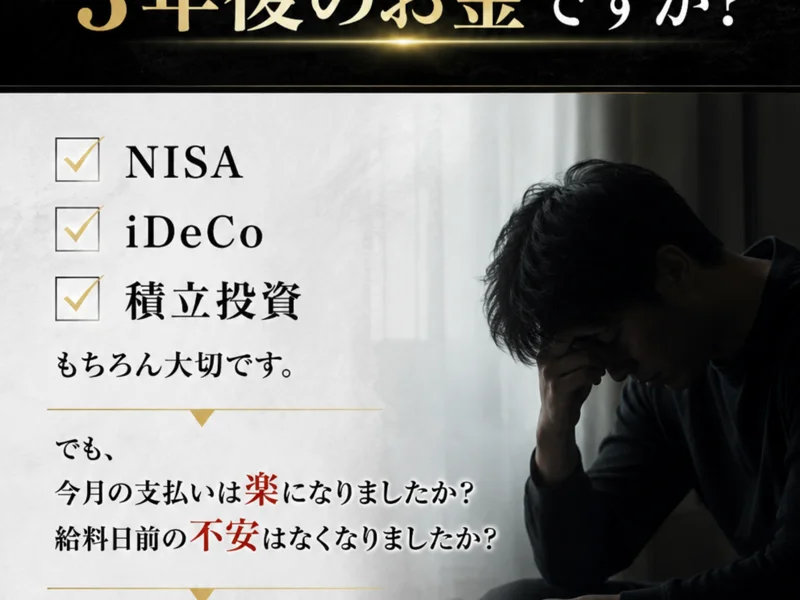 NISA、iDeCo、積立投資はもちろん大切ですと書いたうえで、今月の支払いは楽になりましたか、給料日前の不安はなくなりましたかと問いかける広告