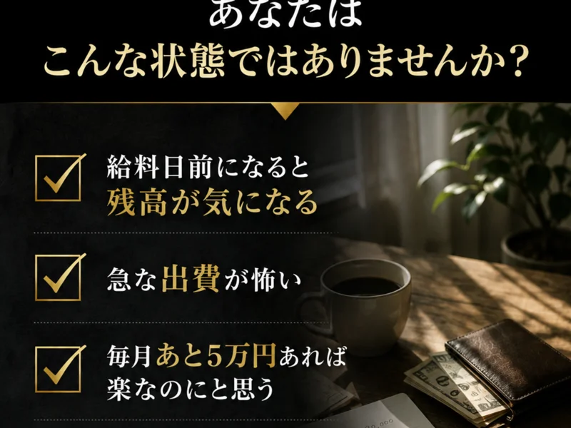 給料日前になると残高が気になる、急な出費が怖い、毎月あと5万円あれば楽なのにと思う、といった項目を並べた広告