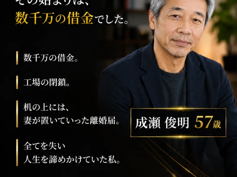 数千万の借金、工場の閉鎖、机の上には妻が置いていった離婚届、と経歴を並べた成瀬俊明57歳の紹介