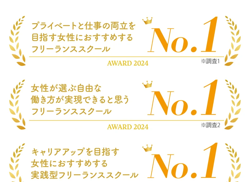 「プライベートと仕事の両立を目指す女性におすすめするフリーランススクールNo.1」など3つのNo.1バッジが並ぶリモラボの広告