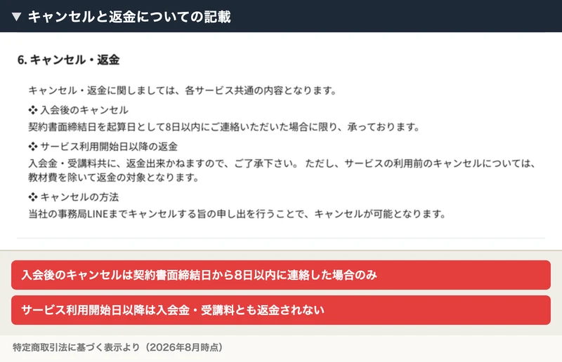 「入会後のキャンセルは契約書面締結日を起算日として8日以内にご連絡いただいた場合に限り承っております」「サービス利用開始日以降の返金は入会金・受講料共に返金出来かねます」と書かれたリモラボの特定商取引法に基づく表示