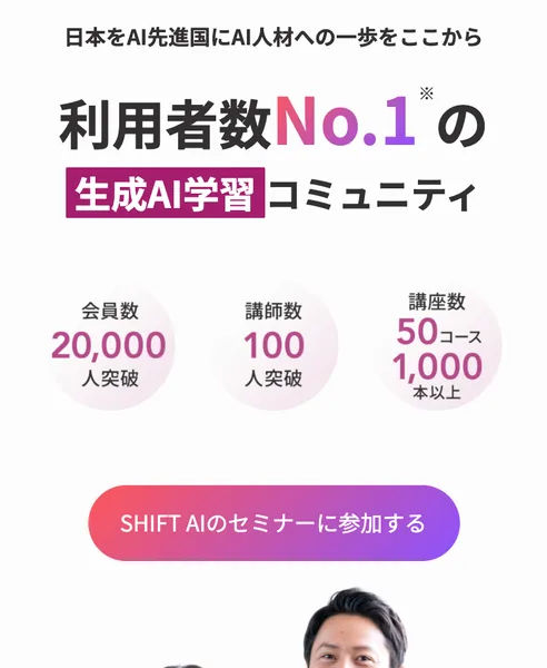 「利用者数No.1の生成AI学習コミュニティ」「会員数20,000人突破」とうたうSHIFT AI公式サイトのファーストビュー