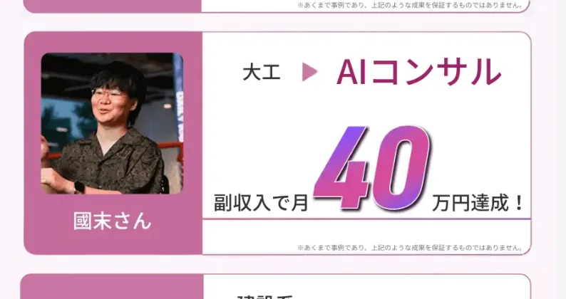 広告ページに掲載された利用者の体験談。「あくまで事例であり、成果を保証するものではない」という注記が添えられている