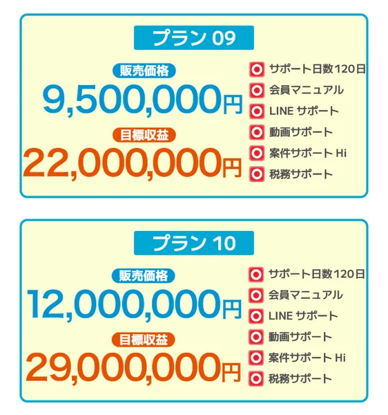 販売価格12,000,000円、目標収益29,000,000円と記載されたプラン10