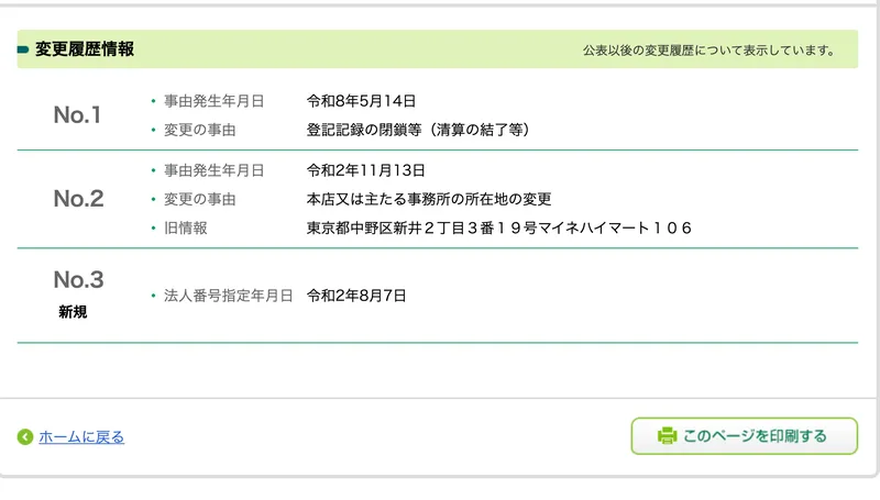 変更履歴情報として、令和8年5月14日に登記記録の閉鎖等(清算の結了等)、令和2年11月13日に本店所在地の変更と記録された国税庁法人番号公表サイトの画面