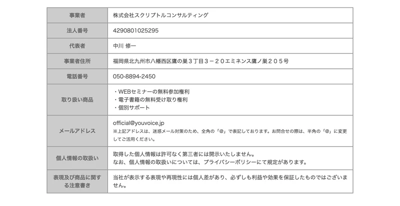 事業者は株式会社スクリプトルコンサルティング、法人番号4290801025295、取り扱い商品はWEBセミナーの無料参加権利・電子書籍の無料受け取り権利・個別サポートと書かれたユーボイスアカデミーの特定商取引法に基づく表記