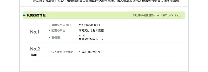国税庁の法人番号公表サイトの変更履歴情報。令和2年5月18日に商号又は名称の変更があり、旧情報は株式会社Musuviと表示され、法人番号指定年月日は平成31年2月27日と記載されている